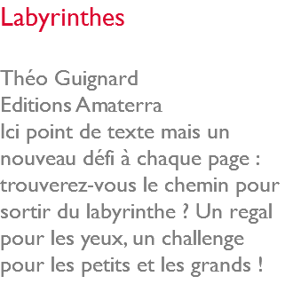 Labyrinthes Théo Guignard Editions Amaterra Ici point de texte mais un nouveau défi à chaque page : trouverez-vous le chemin pour sortir du labyrinthe ? Un regal pour les yeux, un challenge pour les petits et les grands ! 