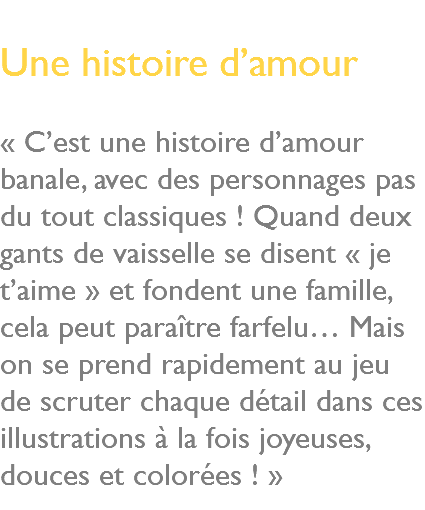  Une histoire d’amour « C’est une histoire d’amour banale, avec des personnages pas du tout classiques ! Quand deux gants de vaisselle se disent « je t’aime » et fondent une famille, cela peut paraître farfelu… Mais on se prend rapidement au jeu de scruter chaque détail dans ces illustrations à la fois joyeuses, douces et colorées ! » 