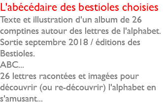L'abécédaire des bestioles choisies Texte et illustration d'un album de 26 comptines autour des lettres de l'alphabet. Sortie septembre 2018 / éditions des Bestioles. ABC... 26 lettres racontées et imagées pour découvrir (ou re-découvrir) l'alphabet en s'amusant...